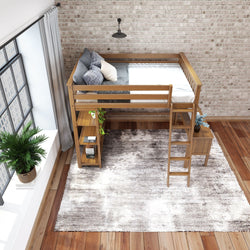 Loft bed in modern apartment with brick walls and wooden flooring, featuring integrated bookshelf and ladder.