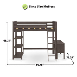 Loft bed with integrated storage shelves and desk, dimensions 68.75" height, 95.75" width, 75.25" depth.