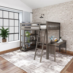 Loft bed with integrated desk and bookshelves in modern bedroom with brick wall and large window.