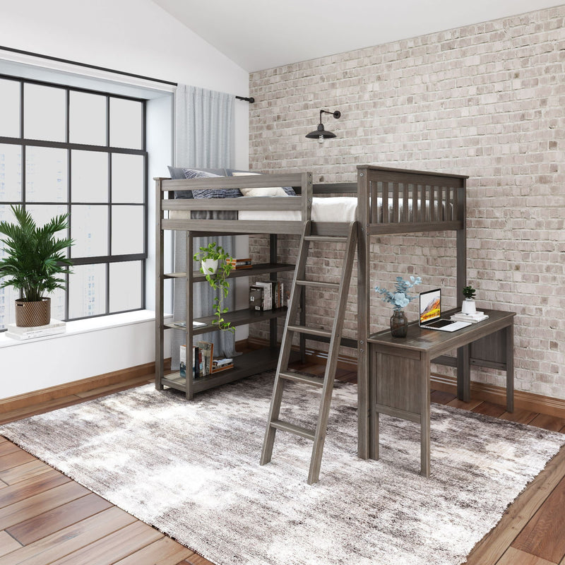 Loft bed with integrated desk and bookshelves in modern bedroom with brick wall and large window.