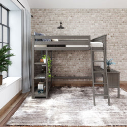 Loft bed with ladder in a modern bedroom with brick wall and cozy decor.