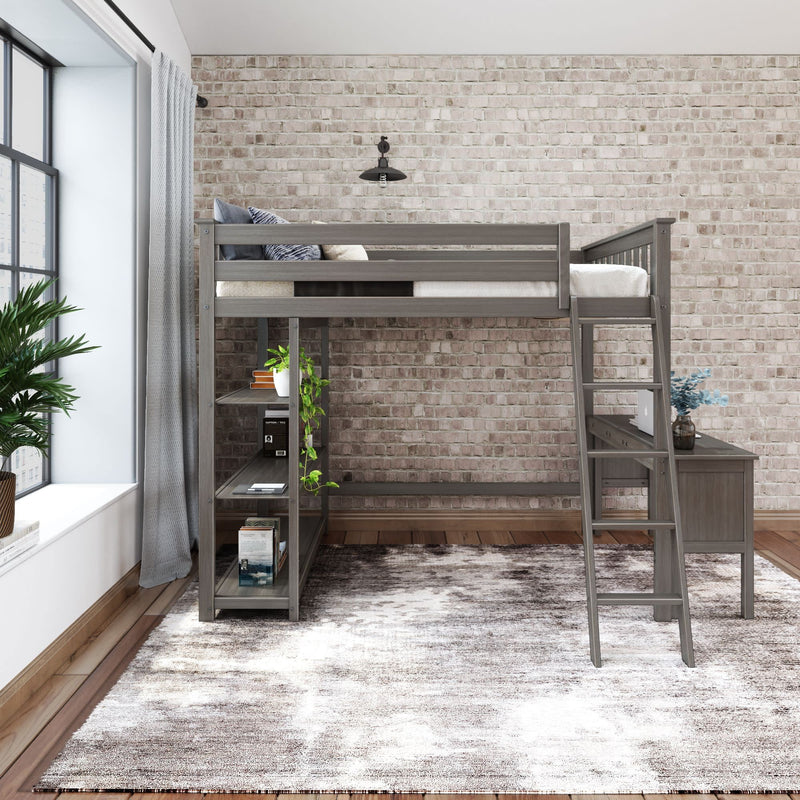 Loft bed with ladder in a modern bedroom with brick wall and cozy decor.