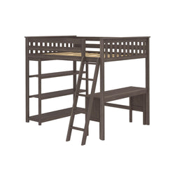 Wooden loft bed with ladder and integrated shelves, perfect space-saving solution for kids' rooms.
