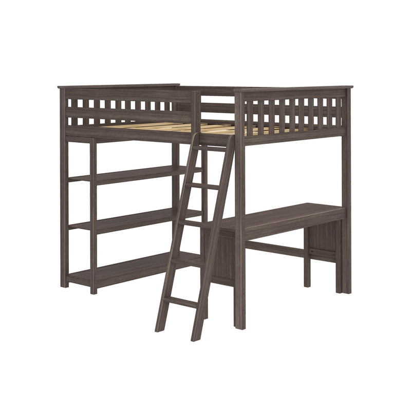 Wooden loft bed with ladder and integrated shelves, perfect space-saving solution for kids' rooms.