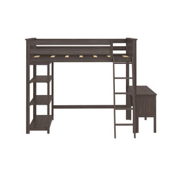 Loft bed with built-in shelves and desk, space-saving furniture for small bedrooms.