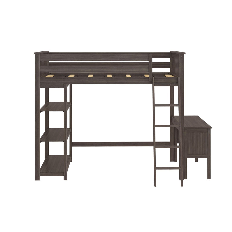 Loft bed with built-in shelves and desk, space-saving furniture for small bedrooms.
