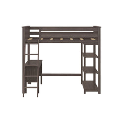 Loft bed with built-in shelves and attached desk in dark wood finish.
