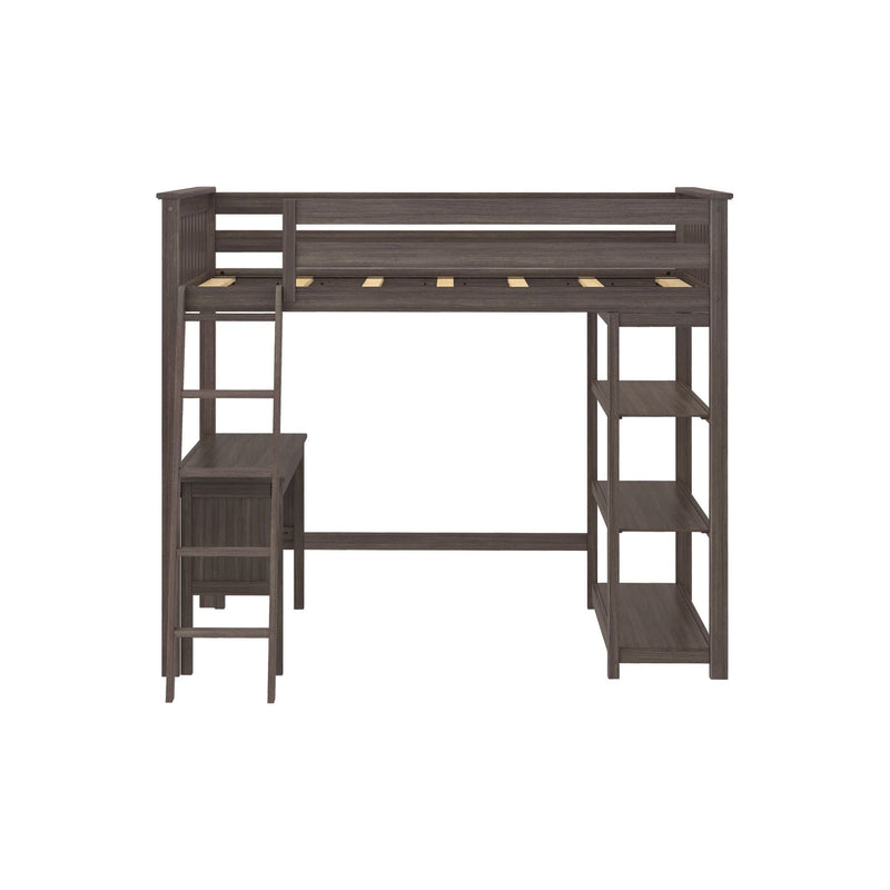 Loft bed with built-in shelves and attached desk in dark wood finish.