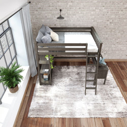 Loft bed with desk and storage in modern bedroom with brick walls and large window.