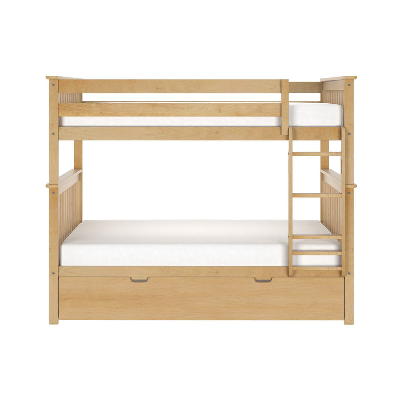 Light natural wood twin-over-full bunk bed with ladder, slatted headboard and built-in under-bed storage drawer for kids' bedroom