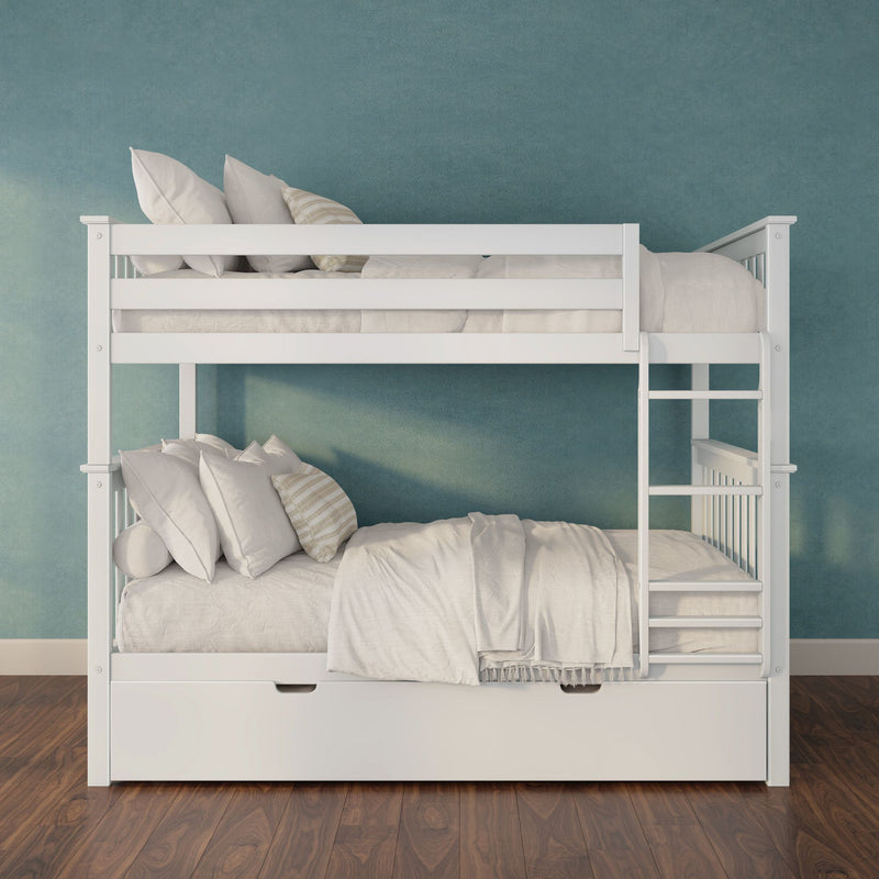 White wooden bunk bed with ladder and under-bed storage, neutral linens and pillows against a teal textured accent wall in a modern kids' bedroom