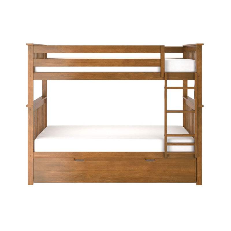 Solid wood twin-over-full bunk bed with ladder and under-bed storage drawers, natural oak finish, slatted headboards