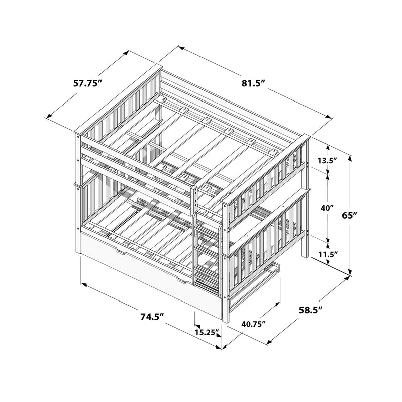 Line drawing dimension diagram of a wooden bunk bed with ladder, slatted guardrails and under-bed trundle drawer showing key measurements 74.5" length, 58.5" width, 81.5" height