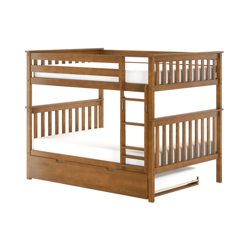 Natural oak finish twin-over-twin wooden bunk bed with ladder, slatted headboards and underbed storage drawer, space-saving solid wood kids bed