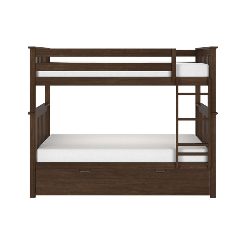 Dark brown wooden twin-over-full bunk bed with ladder, under-bed storage drawers and mission-style slatted headboards