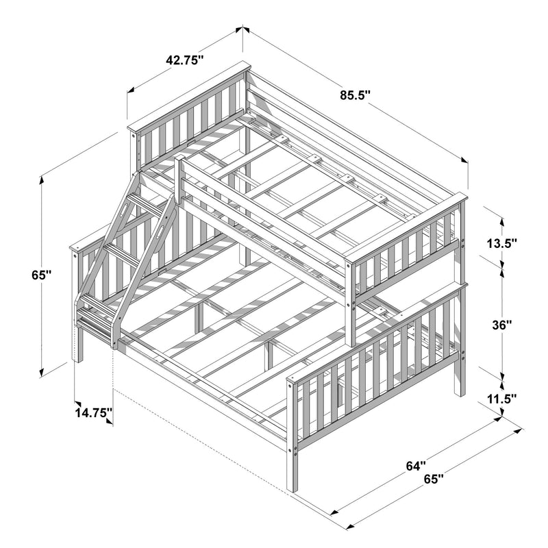 Isometric assembly blueprint of a wooden twin-over-full bunk bed frame with ladder and guardrails showing dimensions (85.5", 65", 64", 42.75") and slat supports