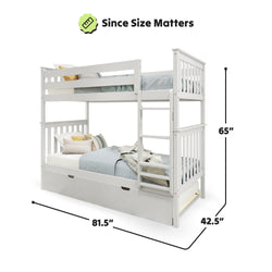 White wooden bunk bed with dimensions 81.5 inches long, 42.5 inches wide, and 65 inches high, featuring a top and bottom bunk with bedding.
