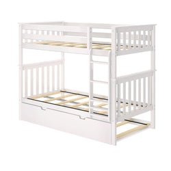 White wooden bunk bed frame with ladder and safety rails, featuring a trundle bed option.