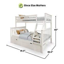 White wooden bunk bed with ladder and storage drawers, dimensions 81.5x42.5x65 inches, featuring top and bottom twin mattresses for kids.