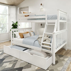 White wooden bunk bed with storage drawers in a modern, sunlit bedroom.