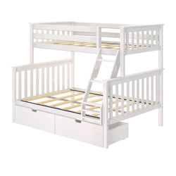 White wooden bunk bed with ladder and storage drawers.