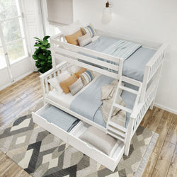 White wooden bunk bed with blue and orange bedding, integrated storage drawers, and a modern design in a bright, cozy bedroom.