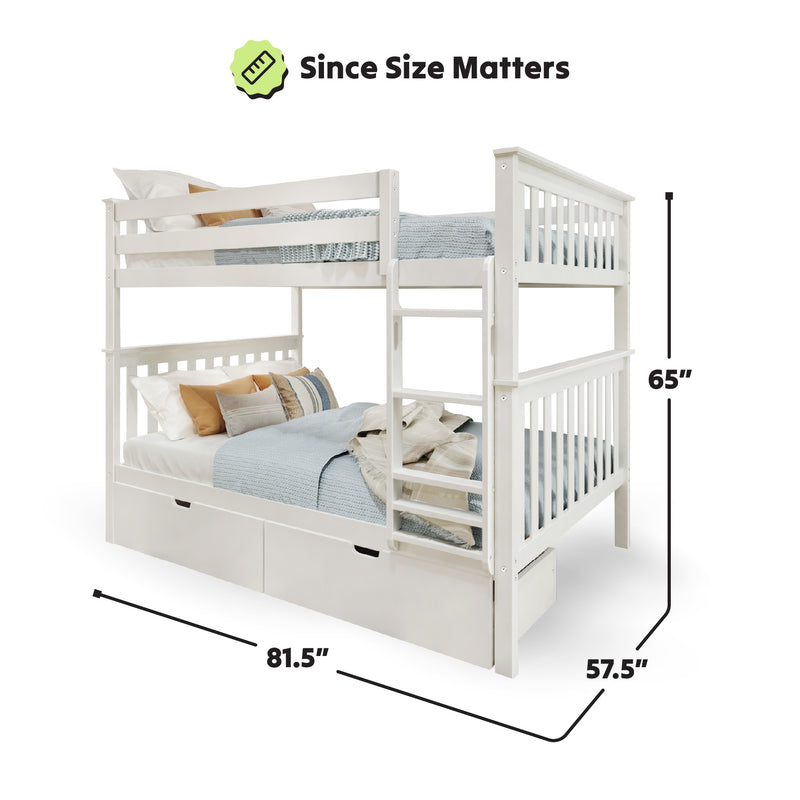 White wooden bunk bed with storage dimensions, featuring 81.5 inches length, 57.5 inches width, and 65 inches height, suitable for kids' bedroom space optimization.