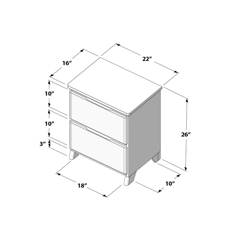 Mid-century modern three-drawer nightstand technical drawing with dimensions 18" W x 22" D x 26" H, tapered legs and recessed drawer pulls