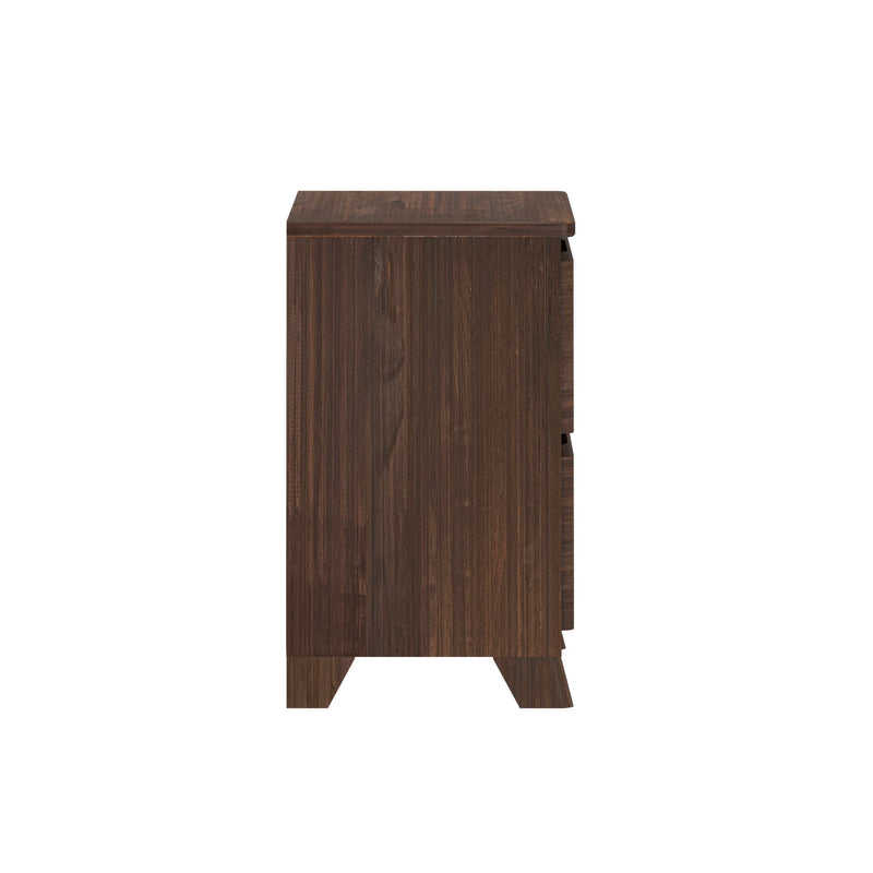 Side view of dark walnut wooden nightstand with mid-century angled legs, visible wood grain and integrated drawer handles — modern bedside table for bedroom storage