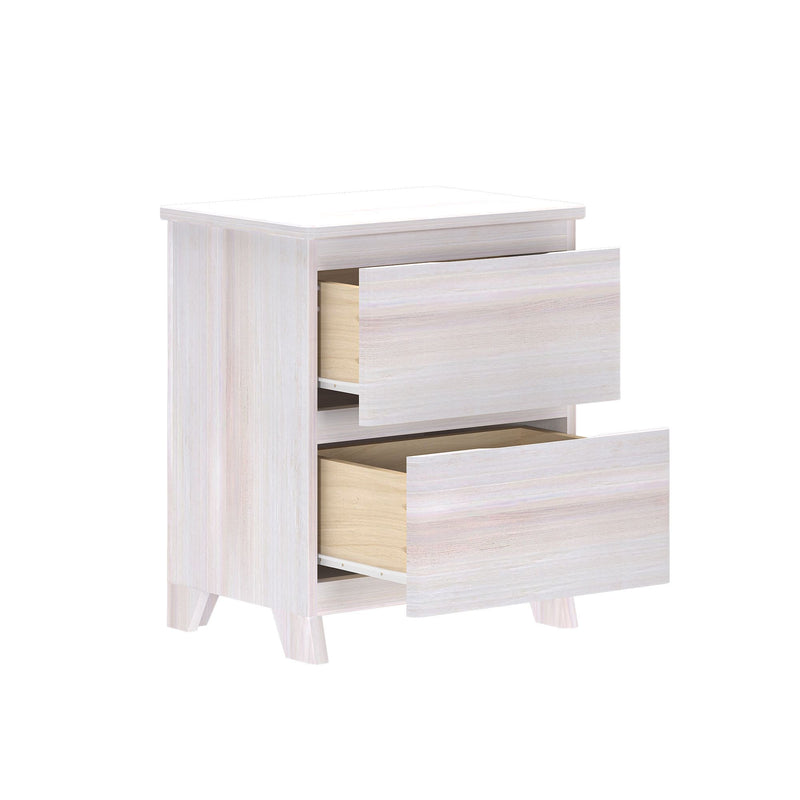 Whitewashed three-drawer nightstand with two drawers partially open and tapered mid-century legs, modern bedroom storage