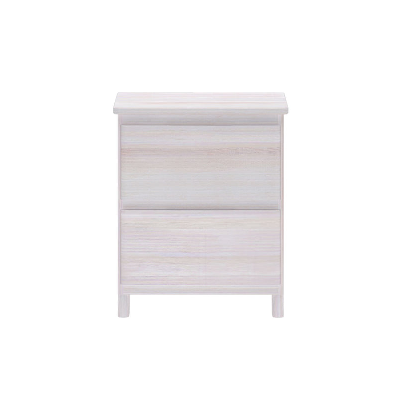 Whitewashed wooden 3-drawer nightstand with light oak finish and tapered legs, modern bedroom storage