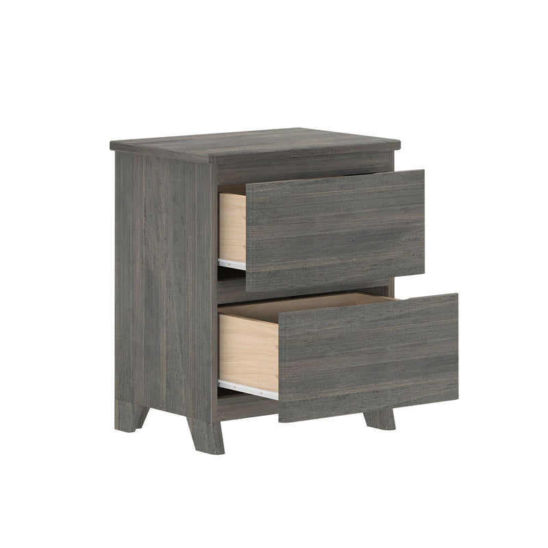 Gray wood three-drawer nightstand with partially open drawers revealing light wood interiors and tapered legs, modern bedroom storage accent table