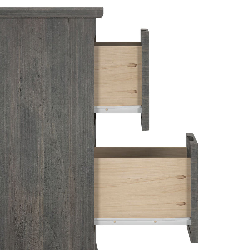 Modern gray wood dresser with two open drawers revealing light wood interiors and metal drawer slides for bedroom storage