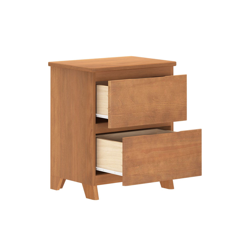 Mid-century modern oak two-drawer nightstand with open drawers, wooden bedside storage on white background.