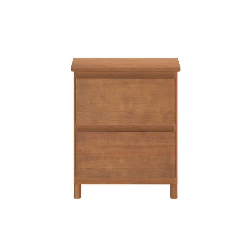 Three-drawer oak dresser in natural finish, mid-century modern bedside chest with rounded top and round legs on white background