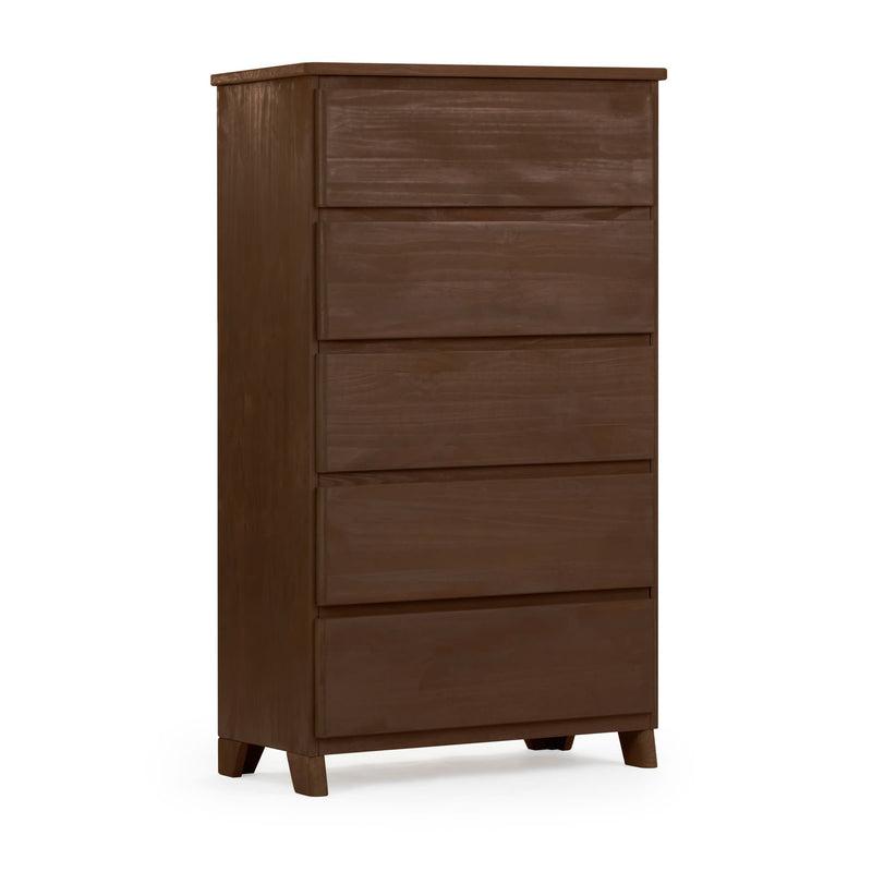 Brown wooden five-drawer dresser for bedroom storage.