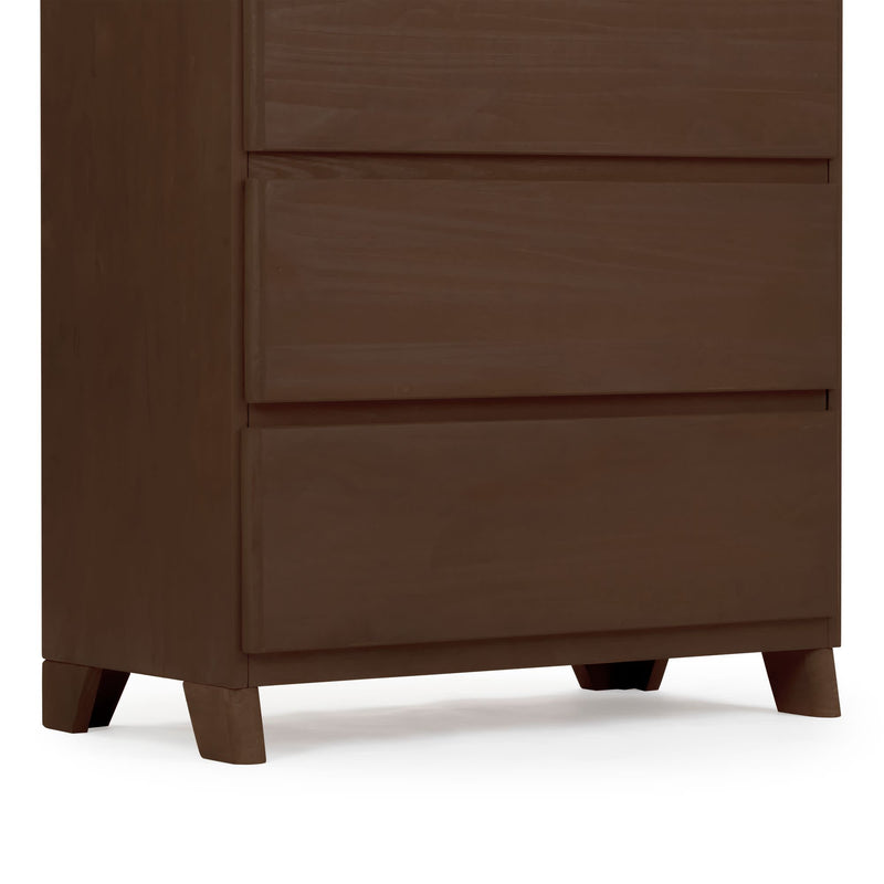 Dark wood three-drawer dresser with modern design and angled legs.