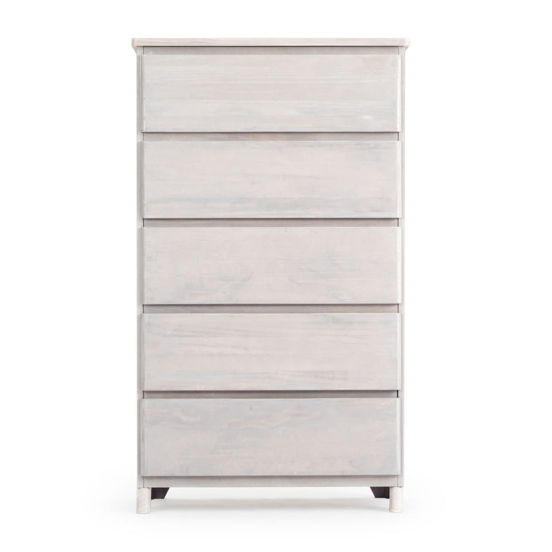 Modern light wood five-drawer dresser for bedroom storage solutions.
