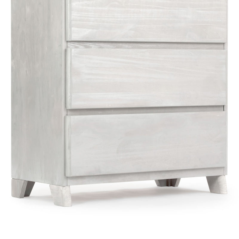 Modern white three-drawer dresser with sleek design for bedroom storage.