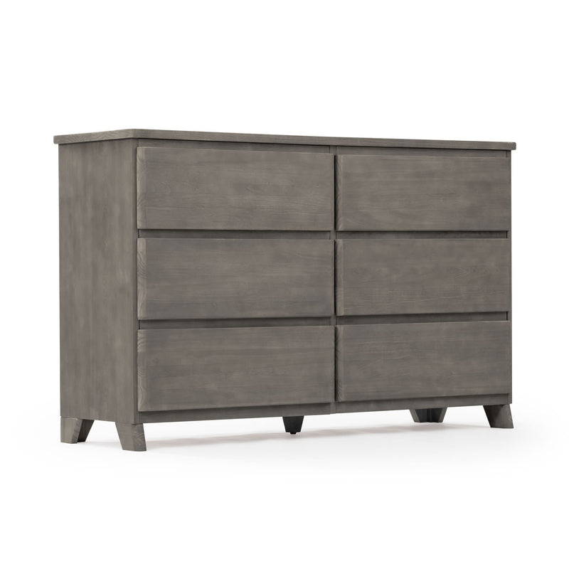 Gray 6-drawer wooden dresser with flat-front drawers and tapered legs, modern bedroom storage chest