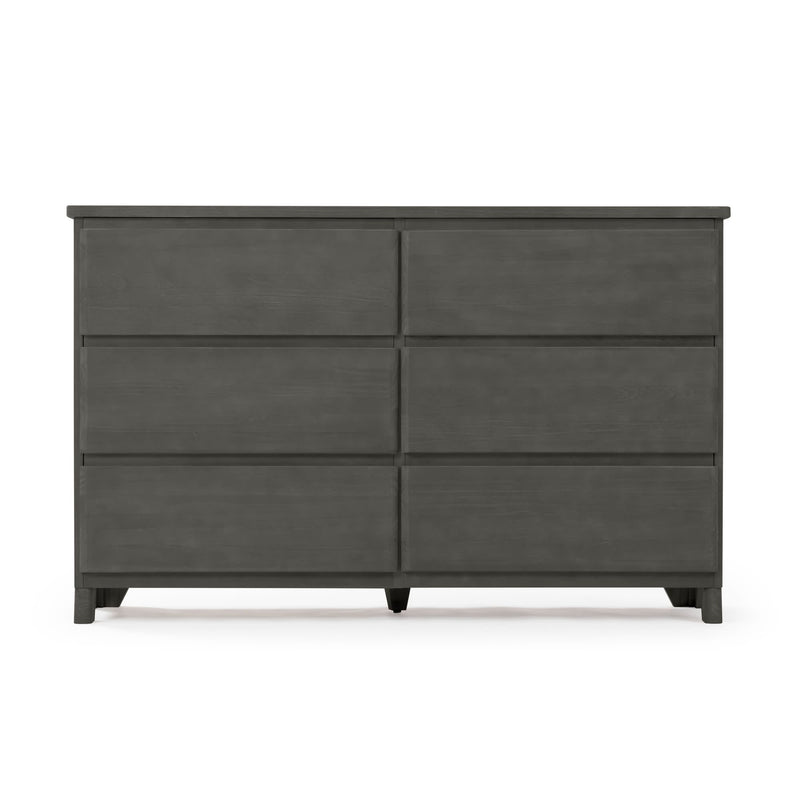 Modern gray six-drawer wooden dresser with minimalist design on white background, ideal bedroom storage and organization