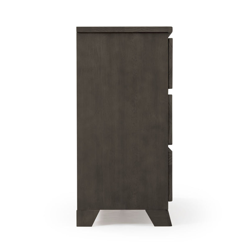 Side view of a dark wood tall dresser chest of drawers with angled legs, modern bedroom furniture on white background