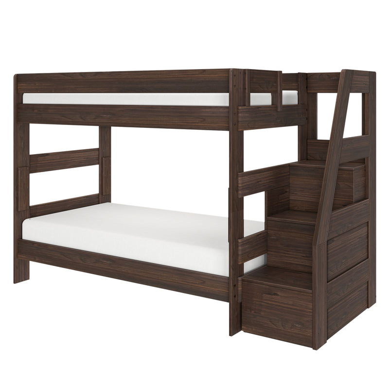 Dark walnut solid wood twin-over-full bunk bed with safety rails and built-in staircase storage, modern kids bedroom furniture