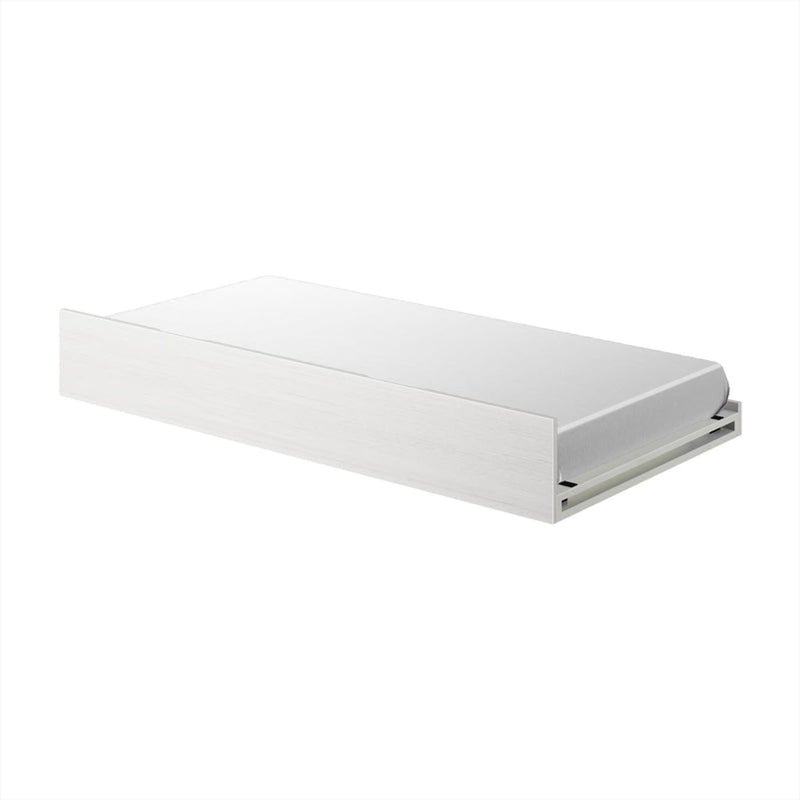 White wooden single trundle bed with pull-out underbed storage and fitted mattress, minimalist low-profile platform bed for small bedrooms