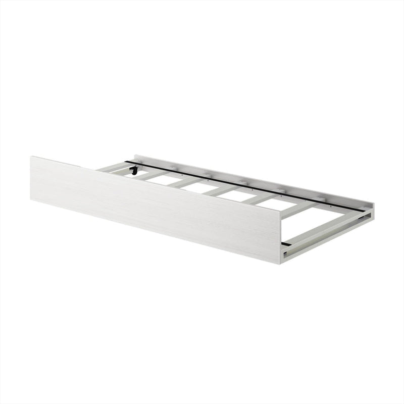 White wooden under-bed trundle drawer frame with slatted base and metal support rails for low-profile twin bed storage