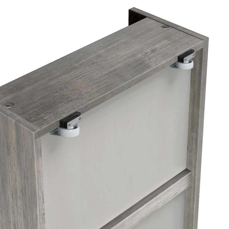Gray rustic wood sliding barn door panel with top-mounted white nylon rollers and metal brackets, modern farmhouse closet door hardware