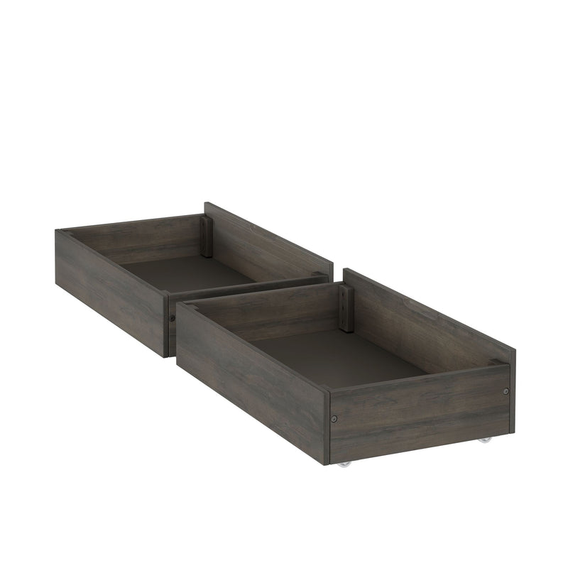 Set of 2 grey wooden under-bed storage drawers on casters, pull-out rolling underbed organizers for bedroom storage
