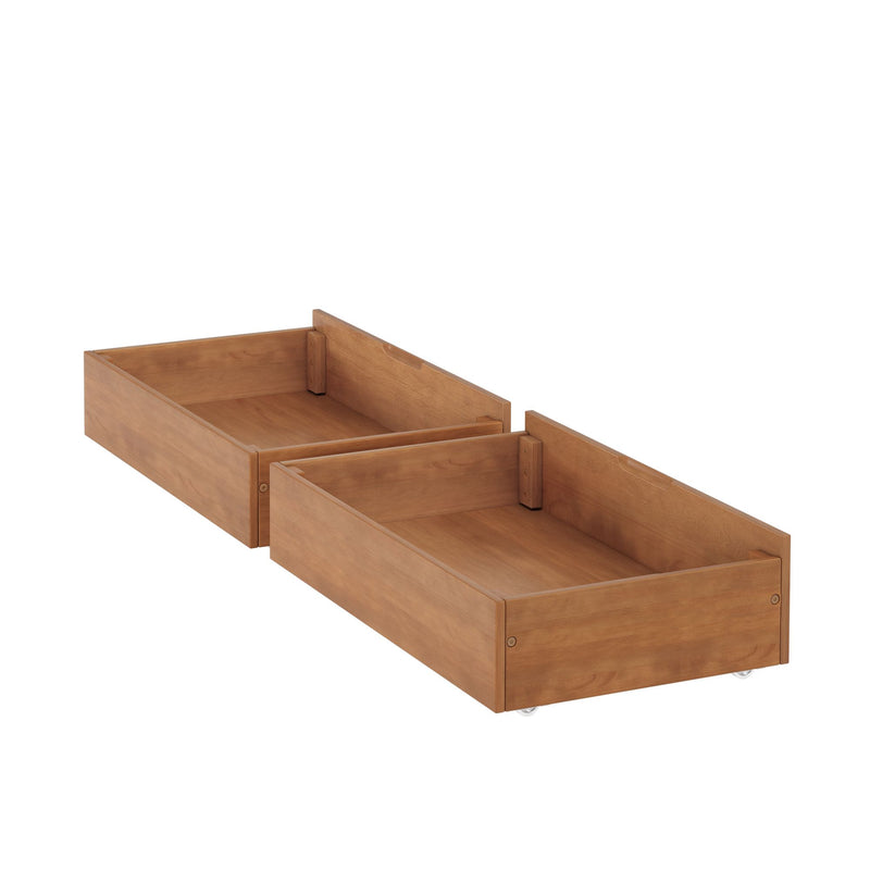 Set of two wooden under-bed storage drawers with natural finish and rolling casters for bedroom organization