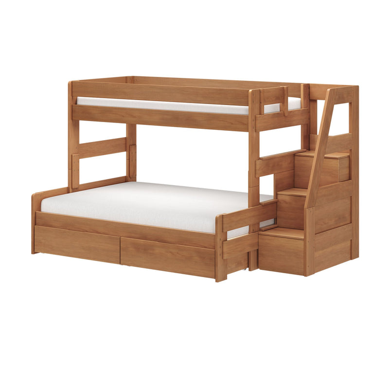 Natural wood twin-over-full bunk bed with built-in stair storage, under-bed drawers and white mattresses