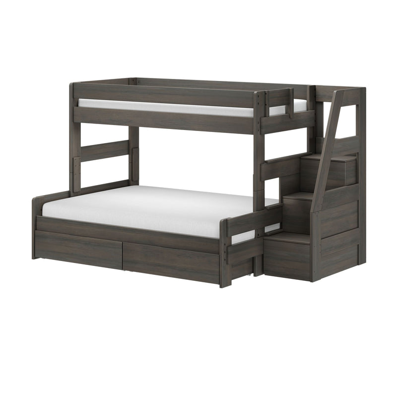 Dark gray wooden twin-over-full loft bunk bed with built-in staircase, under-bed storage drawers and guardrails — space-saving kids bedroom furniture